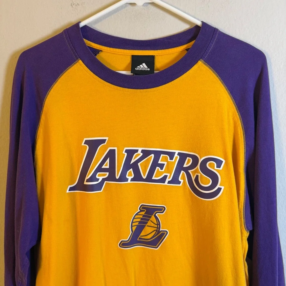 Adidas‎ Los Angeles Lakers Mens Gold Purple Raglan Long Sleeve Shirt Large NBA